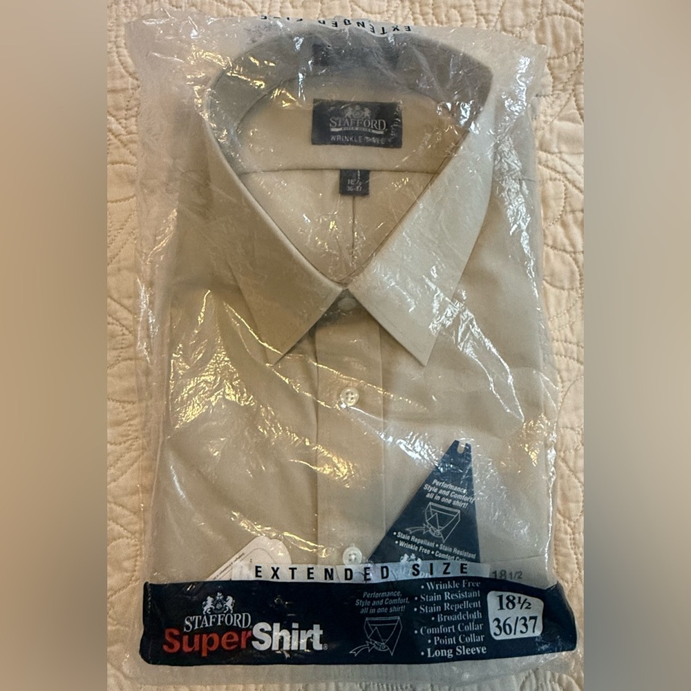 Stafford 18 1/2 36/37 Wrinkle Free Long Sleeve Super Dress Shirt NWT Tan